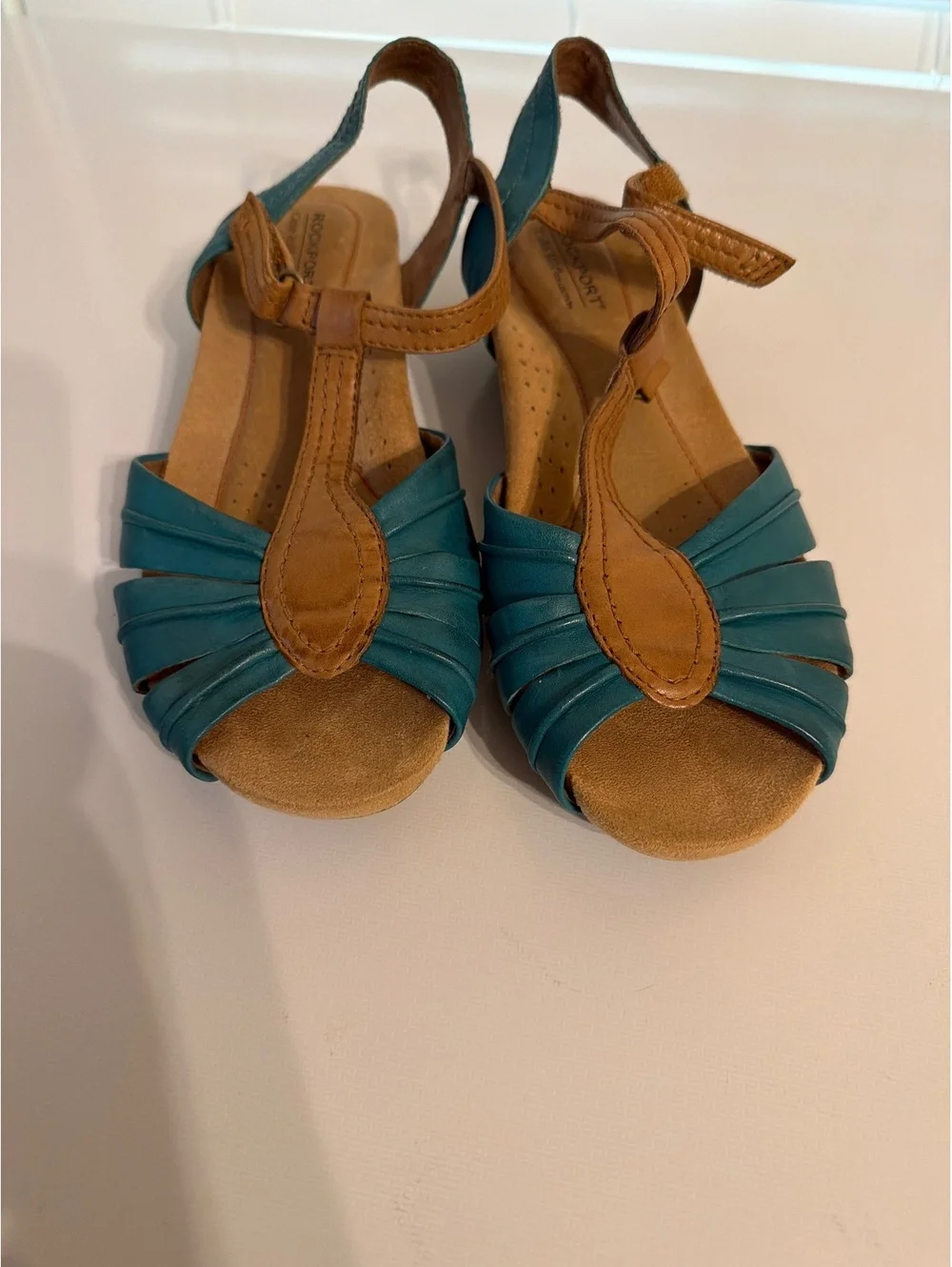 Rockport Women's Teal and Tan Leather Wedge Sandals